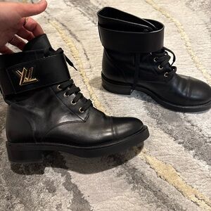 Louis Vuitton Black Leather Moto Boots with Gold Detail
